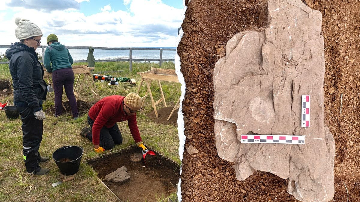 Split image of archaeologists working, stone where coin was found