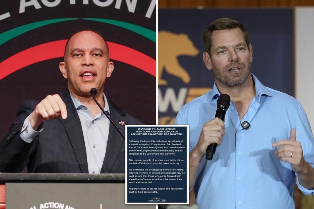 Hakeem Jeffries slammed for demanding Eric Swalwell drop out of Calif. gov race – but not resign from Congress Hakeem Jeffries slammed for demanding Eric Swalwell drop out of Calif. gov race – but not resign from Congress