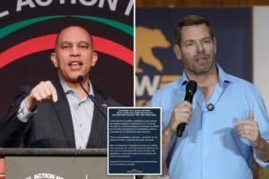Hakeem Jeffries slammed for demanding Eric Swalwell drop out of Calif. gov race – but not resign from Congress Hakeem Jeffries slammed for demanding Eric Swalwell drop out of Calif. gov race – but not resign from Congress