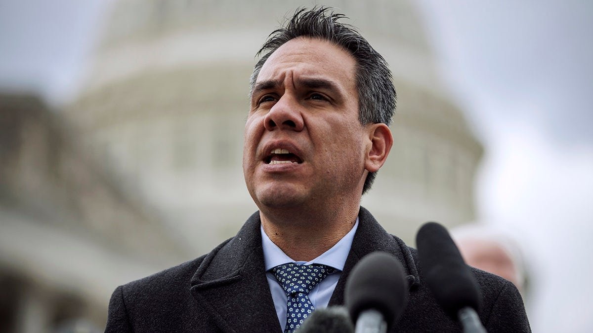Rep. Pete Aguilar speaking at a press conference outside the U.S. Capitol building
