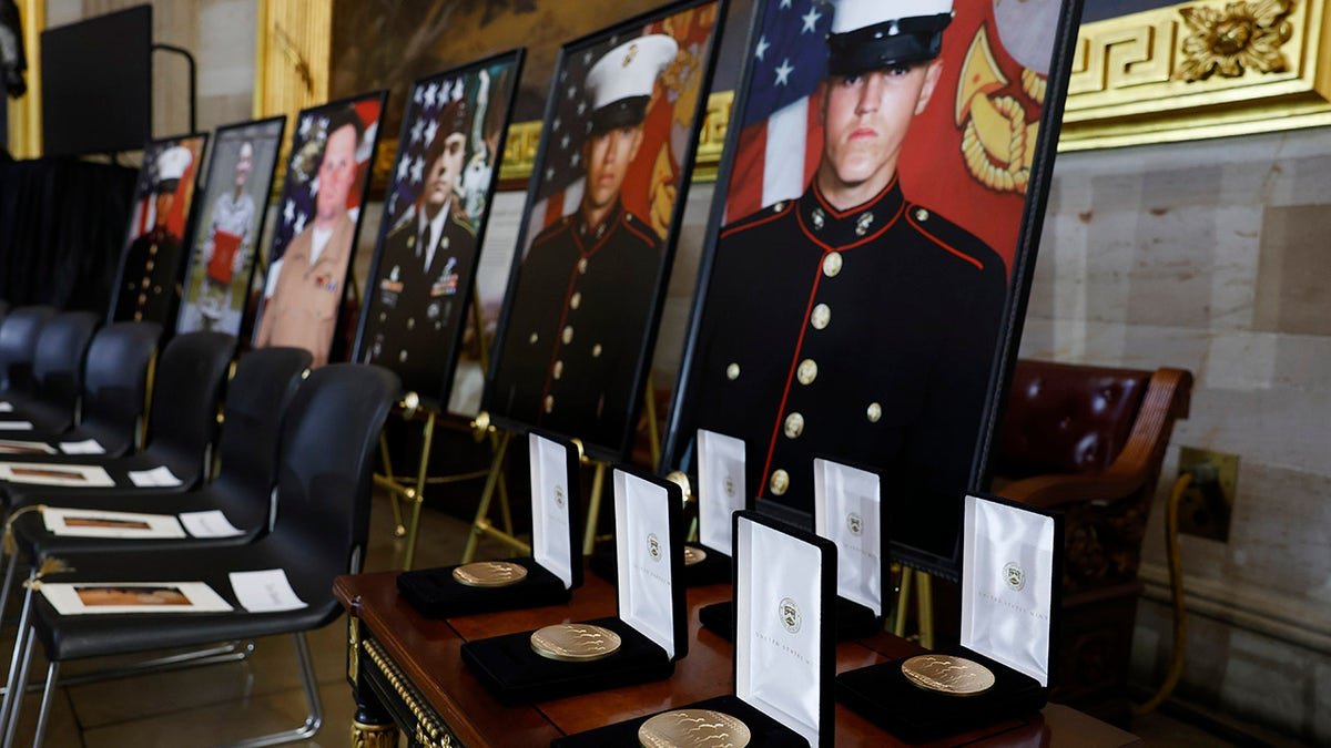 Gold medals displayed in U.S. Capitol Rotunda honoring 13 American service members who died in Afghanistan