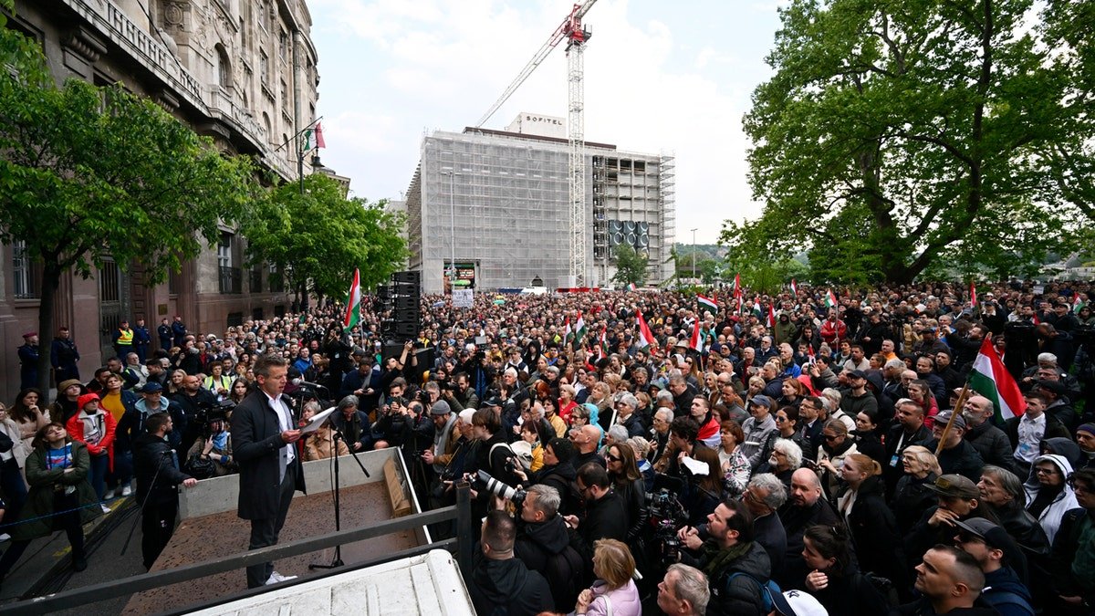 Peter Magyar speaking during a protest outside the Hungarian Interior Ministry building in Budapest