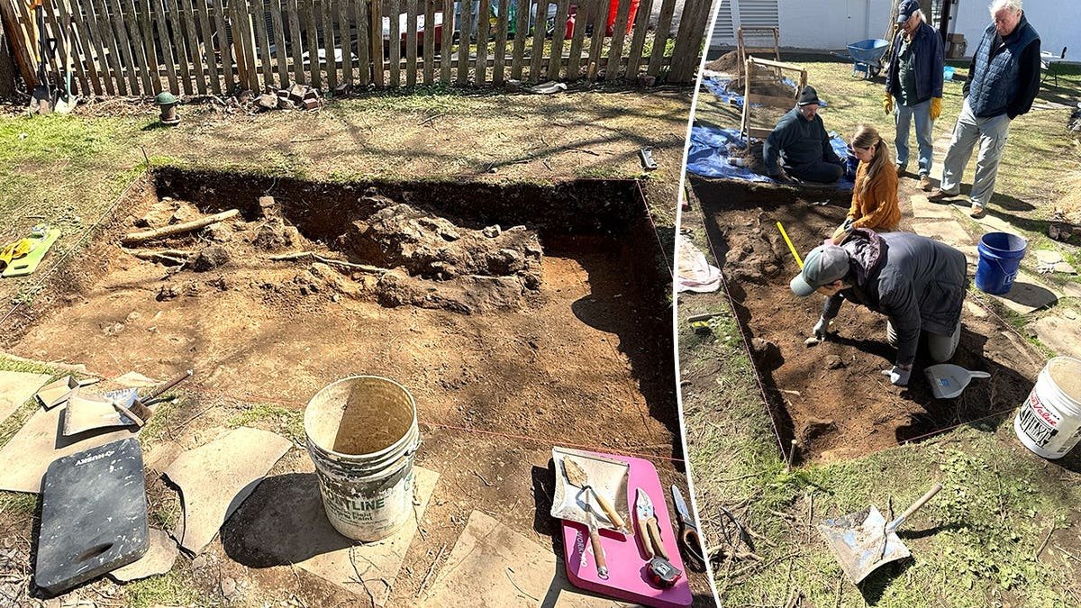Split image of excavation pit, researchers working at site