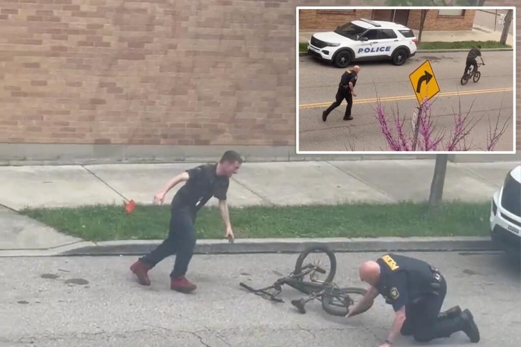 Winded cop struggles to chase down bike-riding rebel in viral ‘cat-and-mouse’ scuffle Winded cop struggles to chase down bike-riding rebel in viral ‘cat-and-mouse’ scuffle