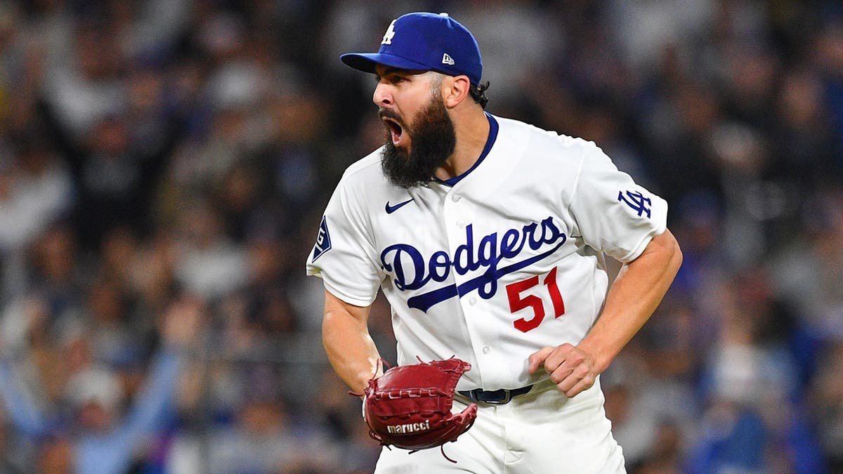 Los Angeles Dodgers pitcher Alex Vesia celebrating at Dodger Stadium