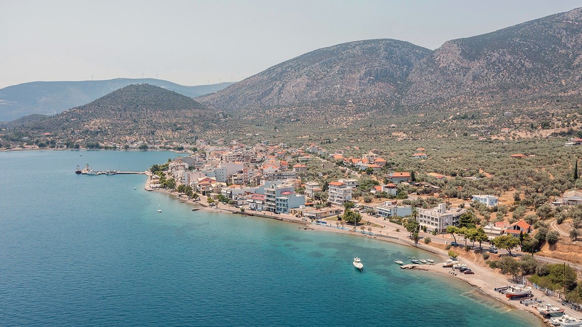 Aerial view of Antikyra town in Greece with surrounding landscape