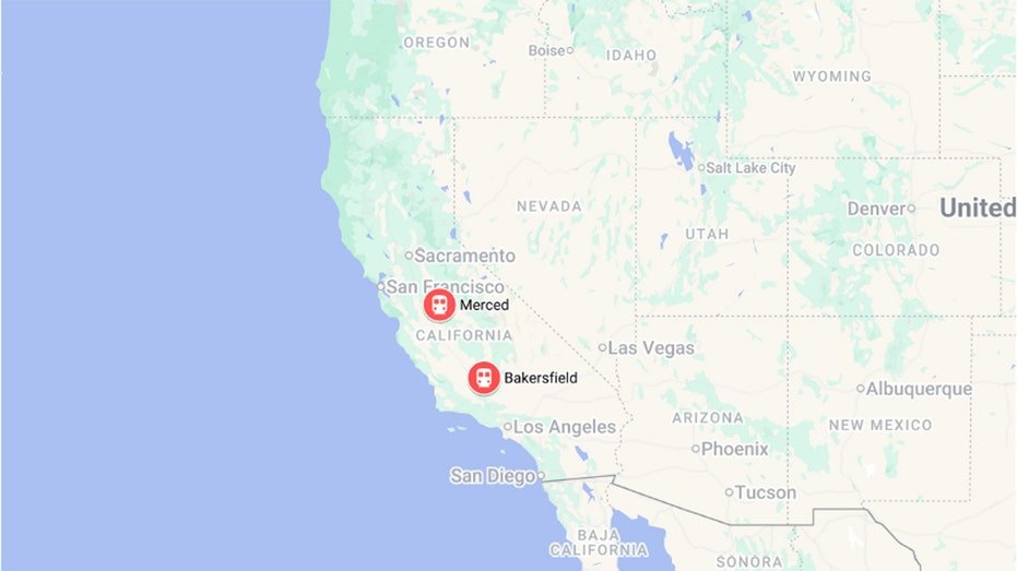 A map of California with markers at Bakersfield and Merced