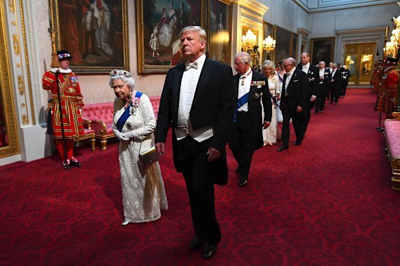 Donald Trump with the Queen at Buckingham Palace, 2019.