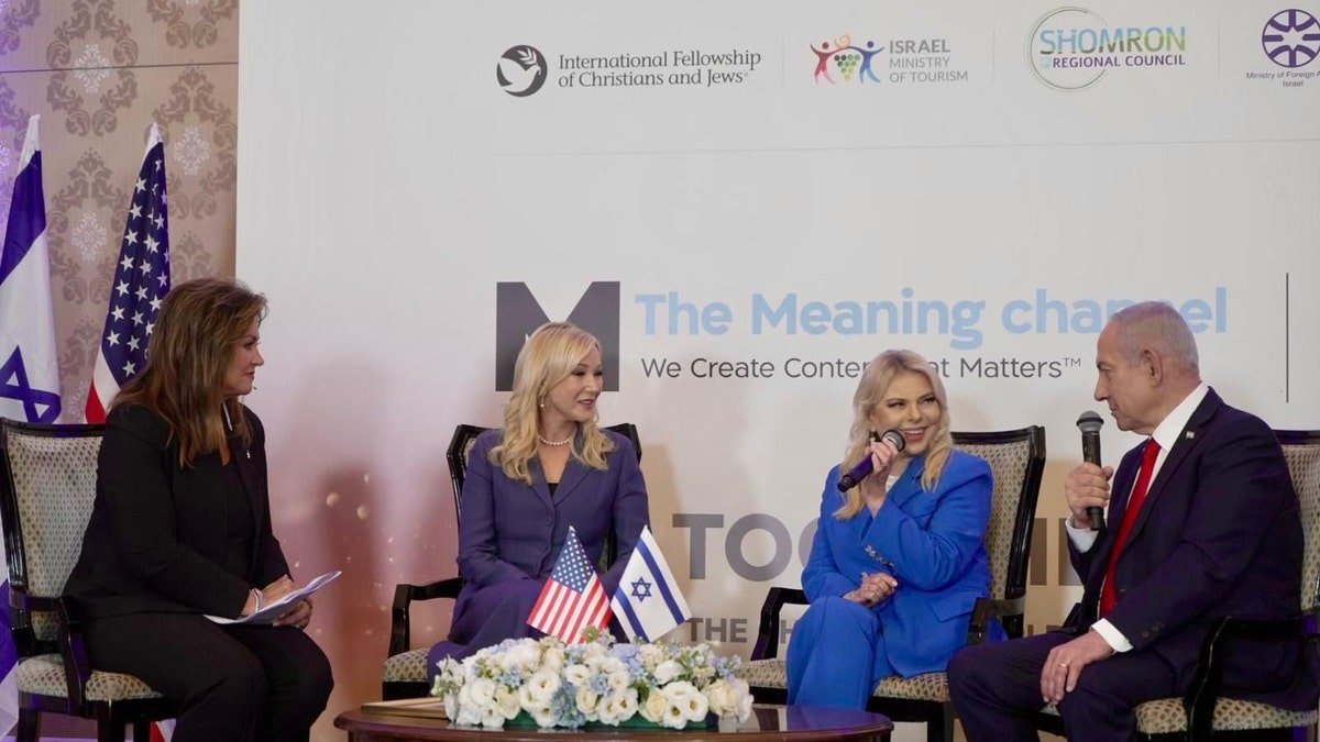 Pastor Paula White-Cain, spiritual adviser to President Donald Trump meets Prime Minister Benjamin Netanyahu and his wife Sara at Daystar's "Together As One" event in Jerusalem, as part of a visit organized by Niv Jacobi, President of The Meaning Channel. 