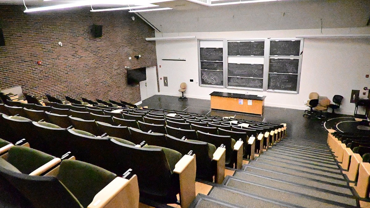 Empty interior of Barus and Holley Room 166 at Brown University