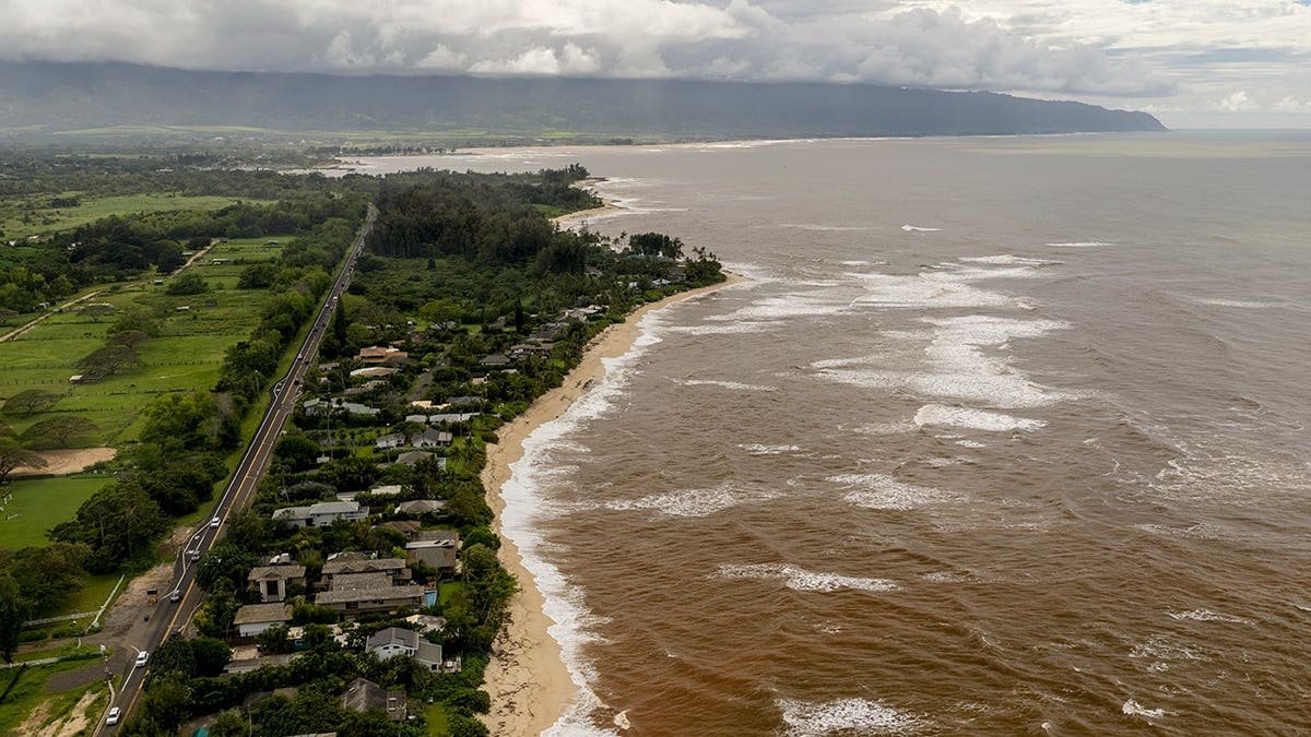 Aerial view of brown water at Laniakea beach in Haleiwa, Hawaii