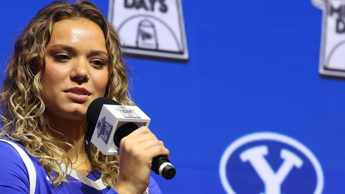 BYU's Delaney Gibb speaking to media at T-Mobile Center in Kansas City