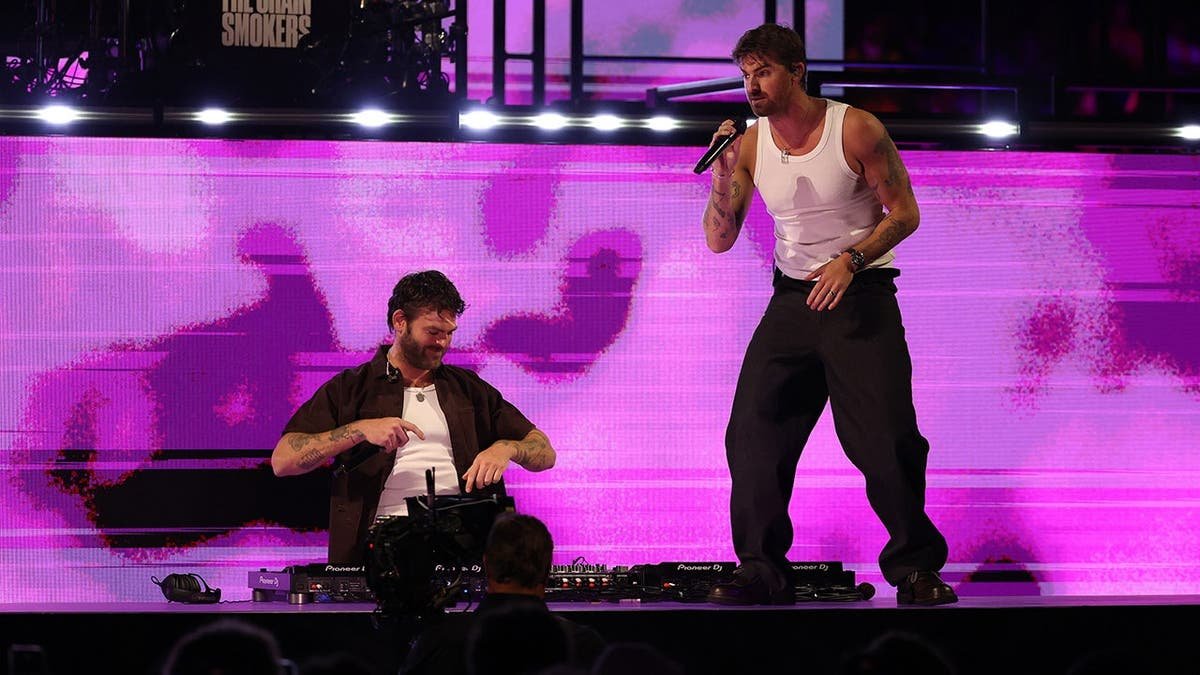 The Chainsmokers performing on stage at Lucas Oil Stadium in Indianapolis