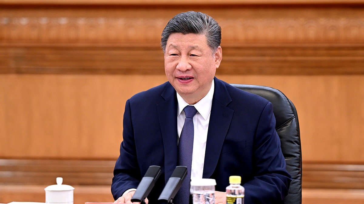 Xi Jinping sits with microphones in front of him.
