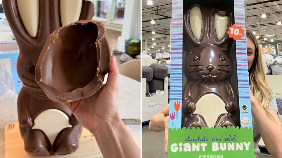 At left, giant chocolate bunny ear broken off and held in hand of content creator Laura Lamb. At right, her holding the giant bunny in box at Costco.