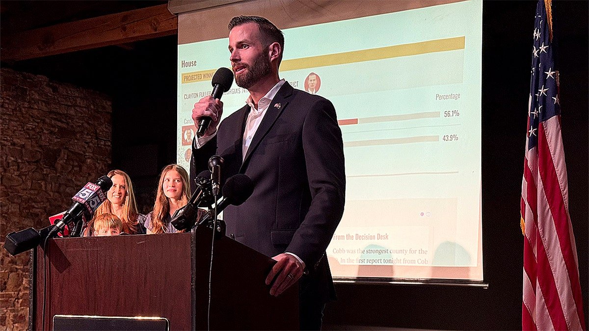 Republican Clay Fuller delivers a victory speech after winning special congressional electionrunoff