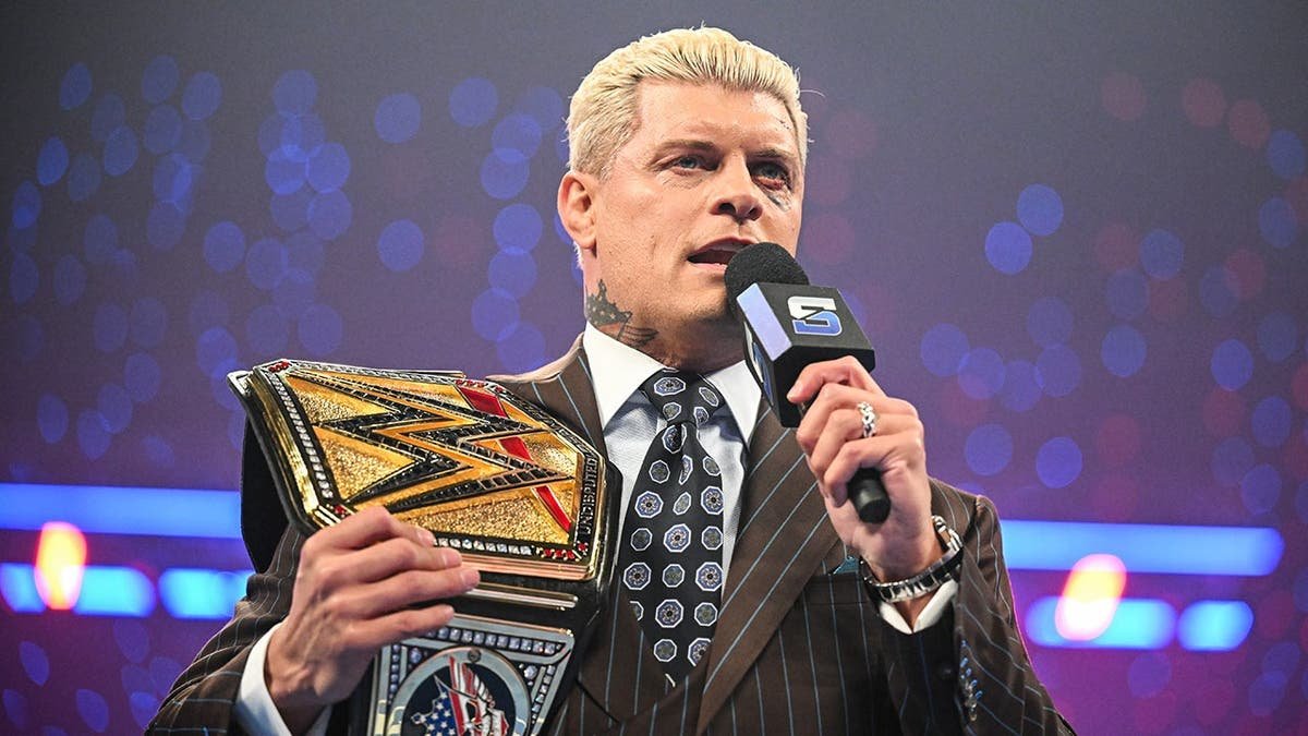 Undisputed WWE Champion Cody Rhodes speaking at Dickies Arena in Fort Worth, Texas.