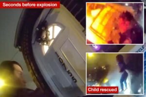 Intense video shows moment NYPD cops sent are flying by maniac’s house explosion — before rushing back inside to save kids