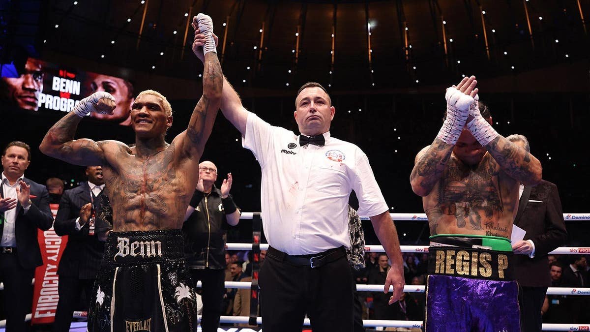 Conor Benn raising his hand in victory at Tottenham Hotspur Stadium in London