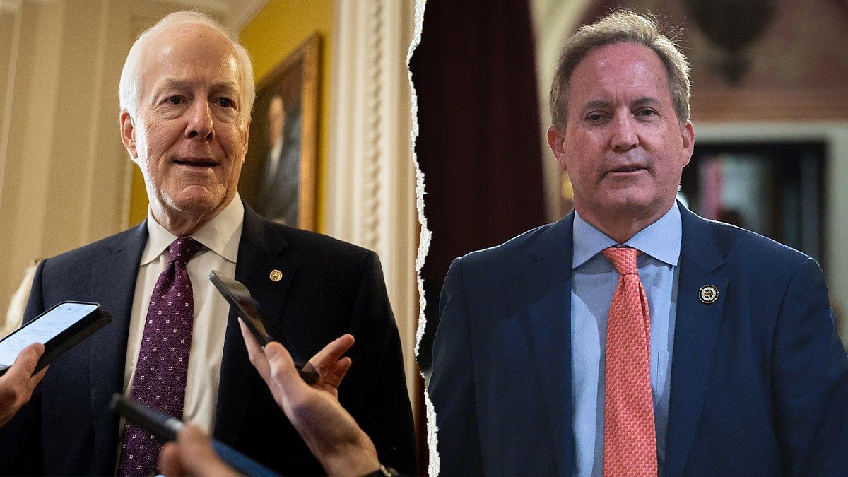 Sen. John Cornyn and Texas Attorney General Ken Paxton in split image portraits