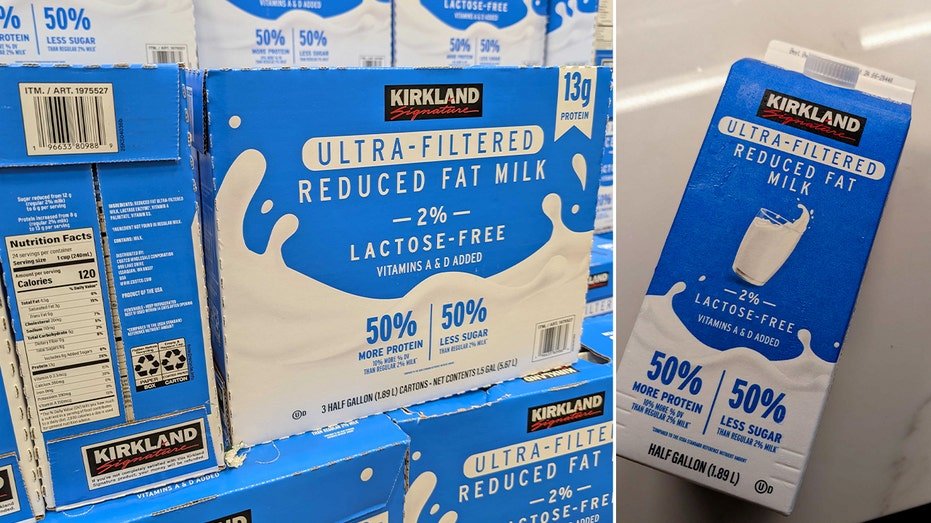 split image of blue-colored boxes displaying "ultra-filtered reduced fat milk 2%"
