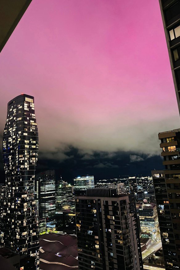 The pink glow from a Docklands apartment tower.