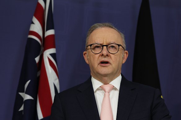 Prime Minister Anthony Albanese addressing a Sydney press conference on Thursday. 