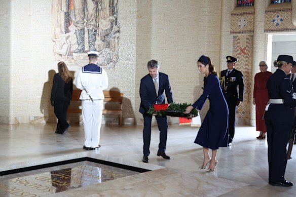 King Frederik X and Queen Mary of Denmark laying a wreath at the Tomb of the Unknown Australian Soldier at the Australian War Memorial. 