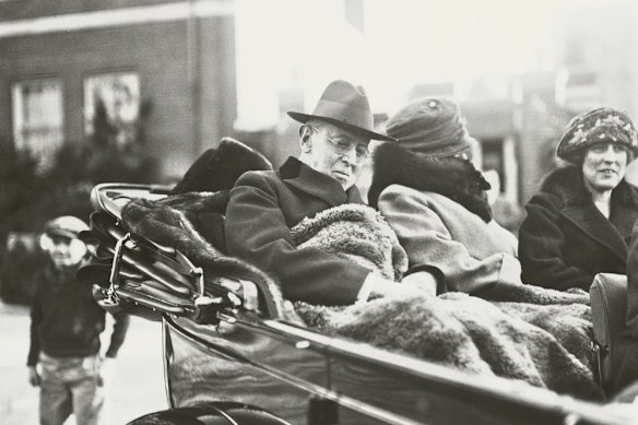 President Woodrow Wilson, who suffered a series of strokes, unbeknownst to the public, with his wife Edith and one of their daughters in the winter of 1923.