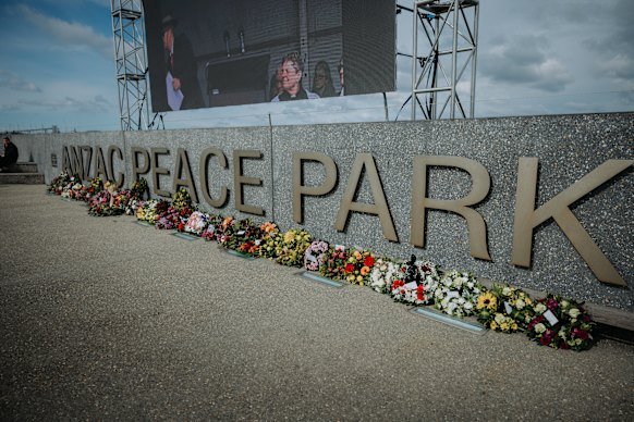 Flowers are laid at Anzac Peace Park in Albany.