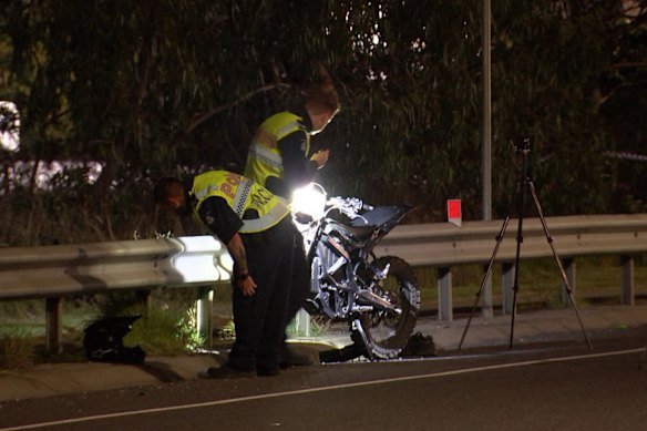 Police at the scene of a fatal e-bike and car crash in South Morang on Wednesday night.
