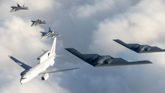 An RAAF Wedgetail, flying in formation with Australian and US jets.