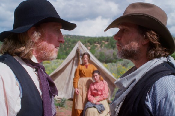 Larry Cedar (Josiah Ballard) and Martin Dingle Wall (Ned Campbell) in This Bloody Country, with Maggie Gwin and Rainey Qualley.