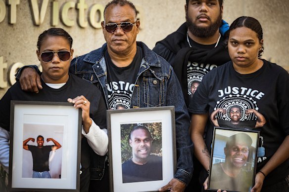 Members of Winmar’s family outside the Coroners Court on Monday.