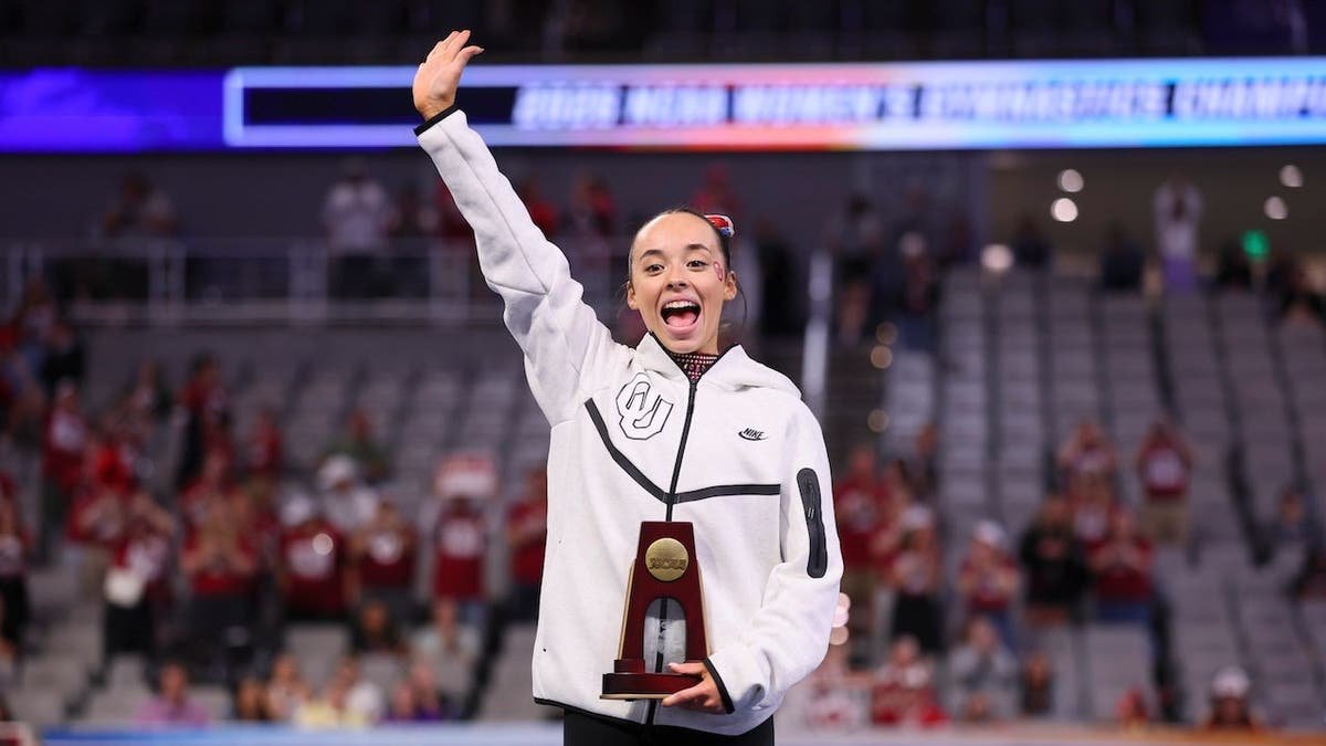 Faith Torrez performing gymnastics routine at Dickies Arena in Fort Worth, Texas