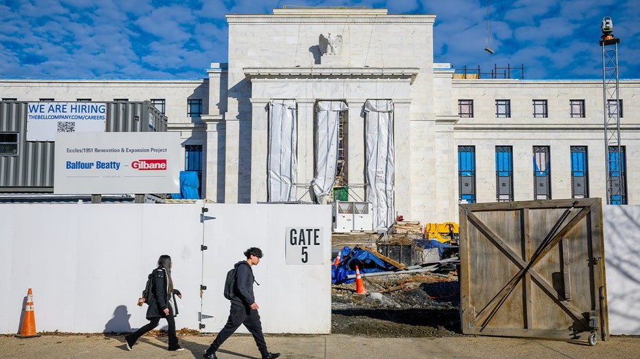 Scaffolding and construction barriers surround the central bank’s headquarters during ongoing renovations.