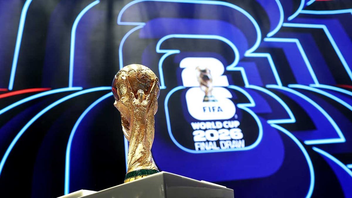 FIFA World Cup Trophy displayed on stage at the Kennedy Center in Washington, D.C.