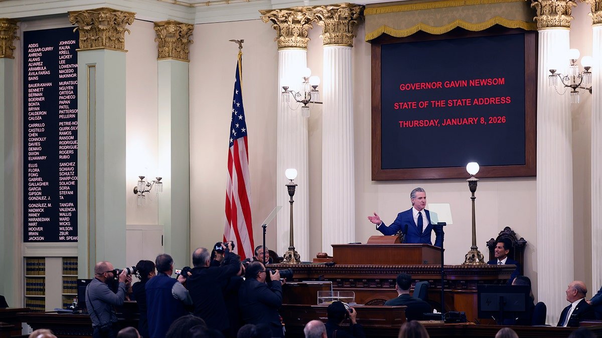 California Governor Gavin Newsom delivering State of the State Address at California Capitol Building