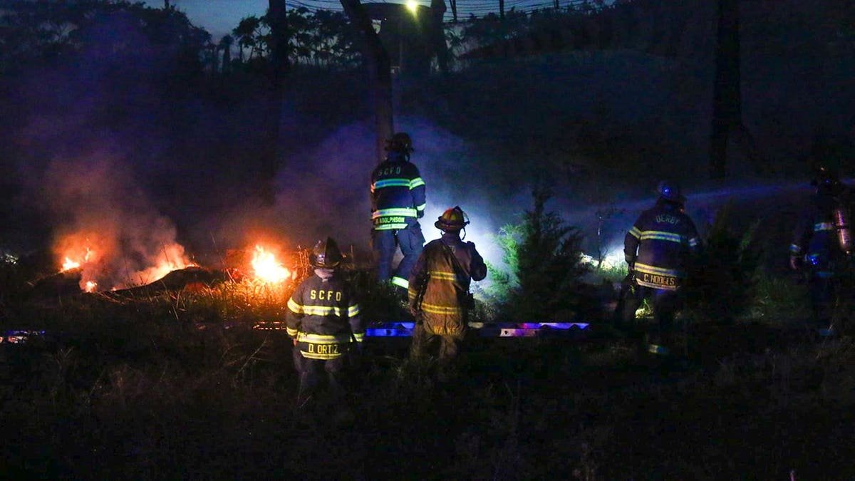 Firefighters respond to a fire on a dinosaur replica at a theme park at night, spraying water as flames burn.