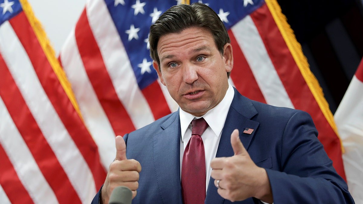 Florida Gov. Ron DeSantis speaking at a press conference in Miami