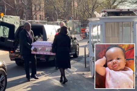 7-month-old NYC girl killed by stray bullet arrives at funeral in tiny Minnie Mouse casket in carriage pulled by white horse