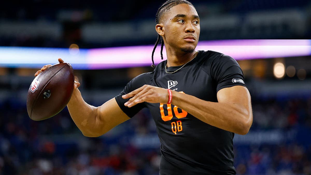 Taylen Green of Arkansas participates in a drill during the 2026 NFL Scouting Combine at Lucas Oil Stadium on February 28, 2026, in Indianapolis, Indiana. (Photo by Lauren Leigh Bacho/Getty Images)