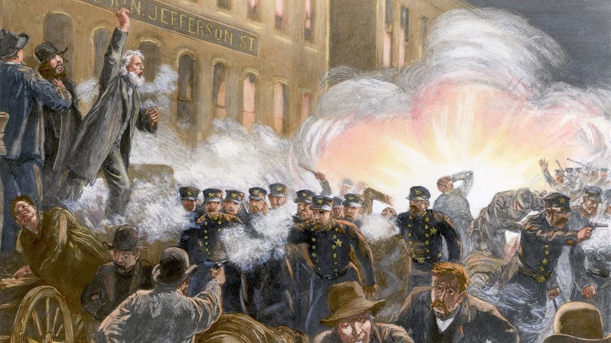 A wood engraving of the Haymarket Affair