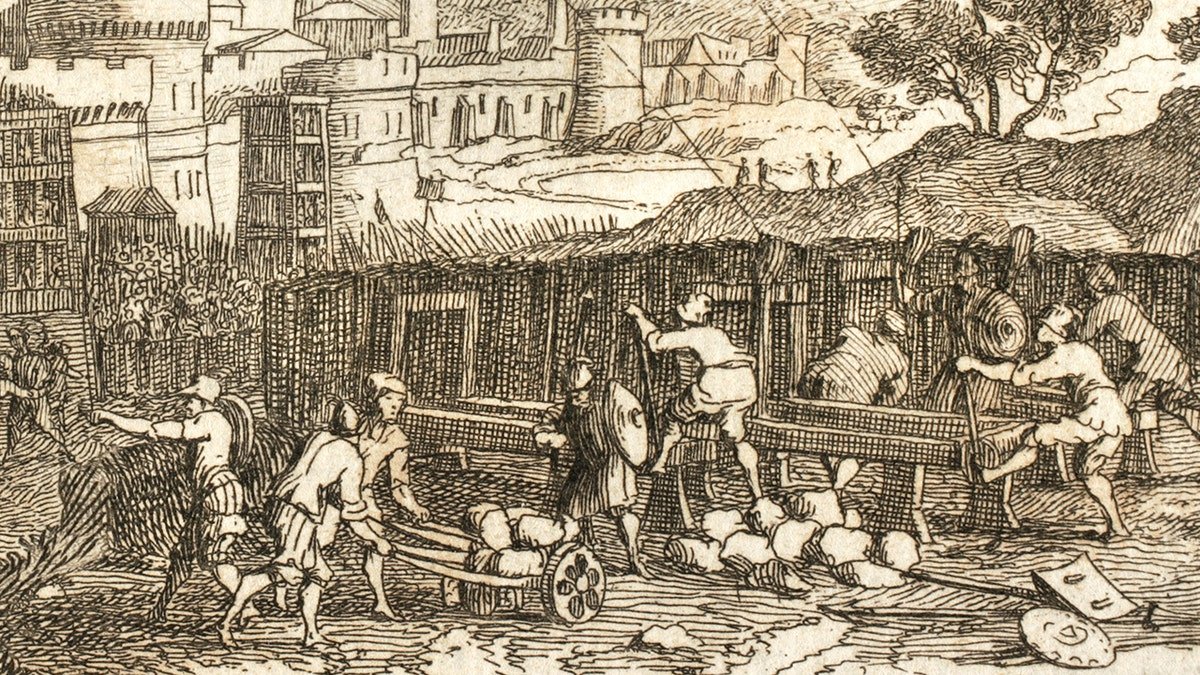 Depiction of ancient greek siege with slingshots