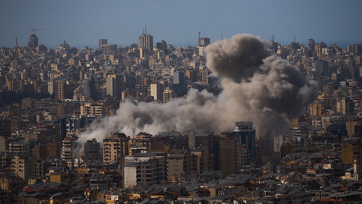 Smoke rising from Israeli airstrikes in Dahiyeh, Beirut, Lebanon