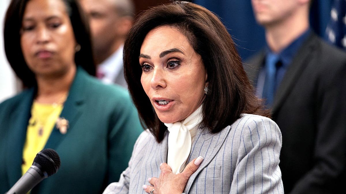 U.S. Attorney Jeanine Pirro speaking at a Justice Department press conference in Washington, D.C.