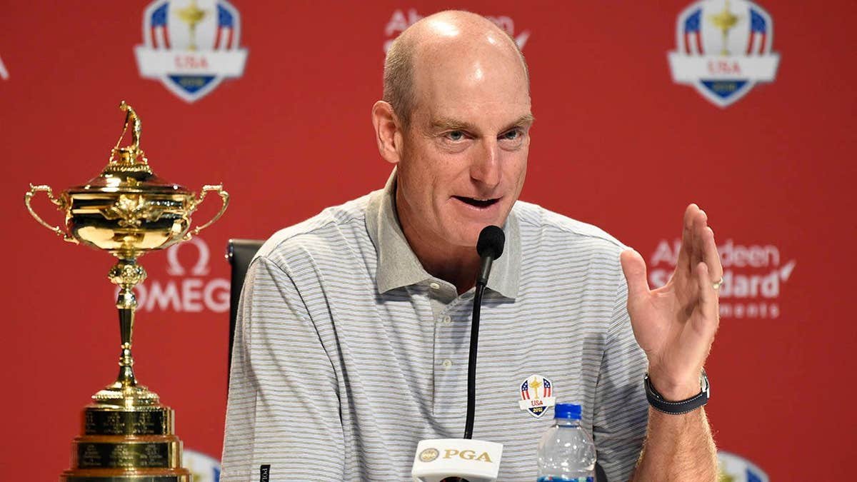 U.S. Team captain Jim Furyk speaking at a press conference at Bellerive Country Club