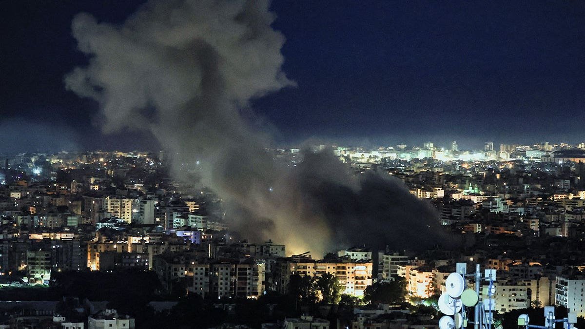 Smoke billowing over Beirut's southern suburbs as seen from Baabda Lebanon