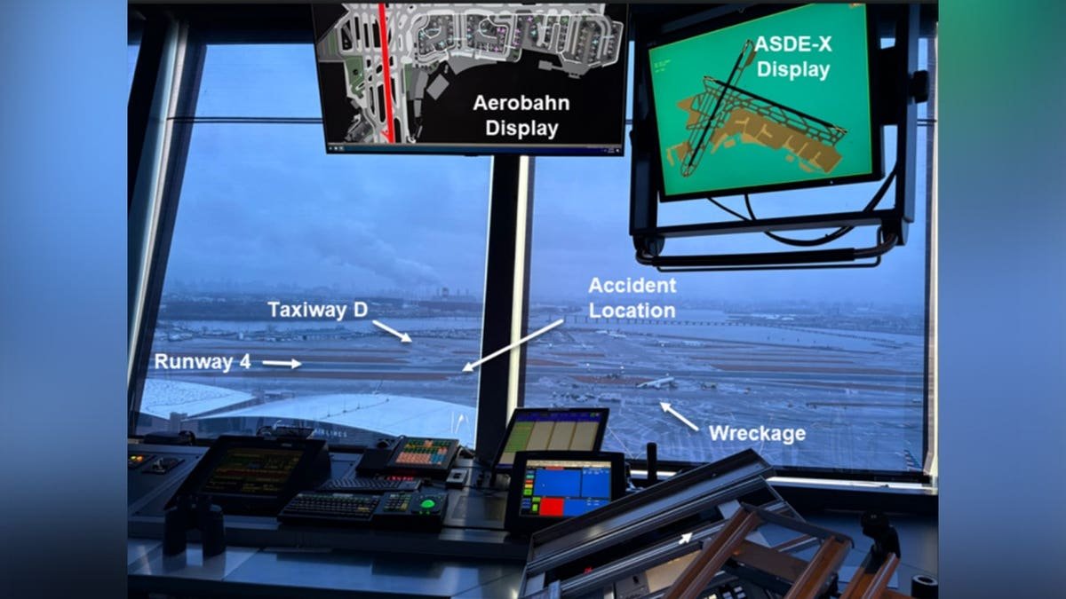 Photo taken from the ground control position looking toward runway 4 at taxiway D.