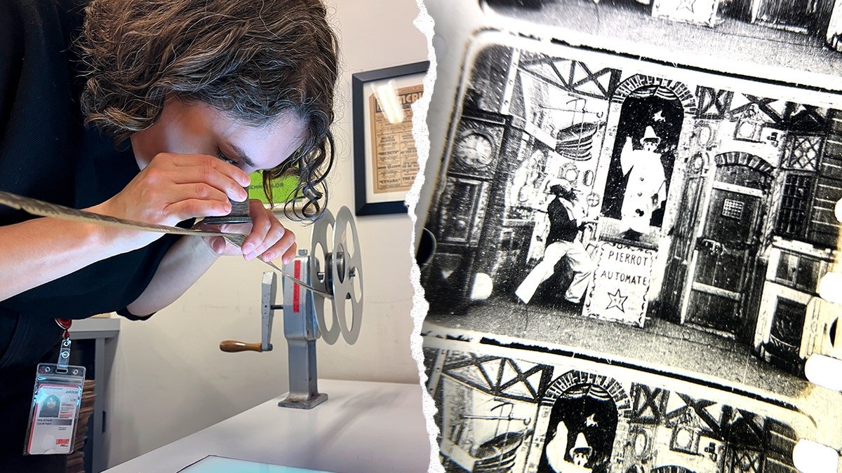 Split image of female curator looking at film, screenshot of Melies film